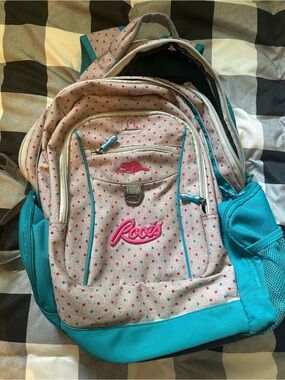 Roots Teal and Pink Polka Dot Backpack